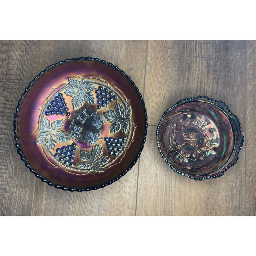 VTG Fenton Carnival Glass Bowl Set Butterfly & Berry Grape & Cable Iridescent